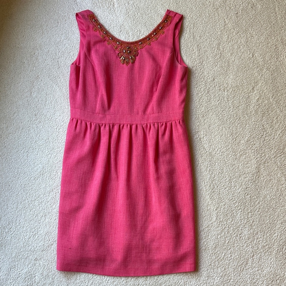 Ellen Tracy Vibrant Pink Dress with Gold Embellishments